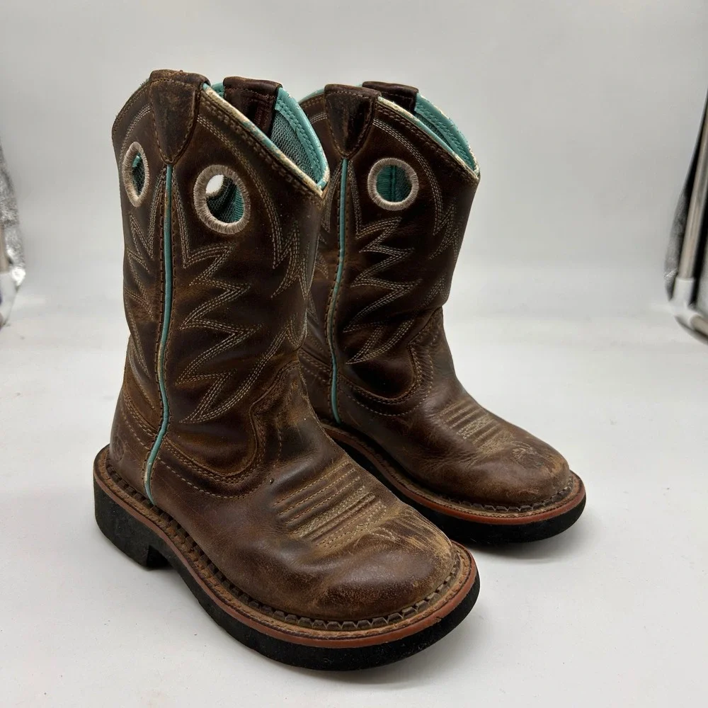 Ariat Kids Fatbaby Western Boots Brown Turquoise Leather Cowboy Size 9